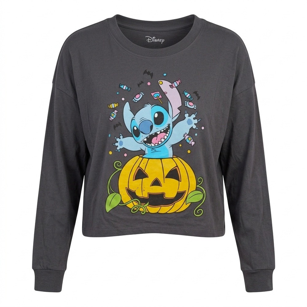 Disney Stitch Halloween Pumpkin Long Sleeve Crop Top Gray Womens 3X JT24982